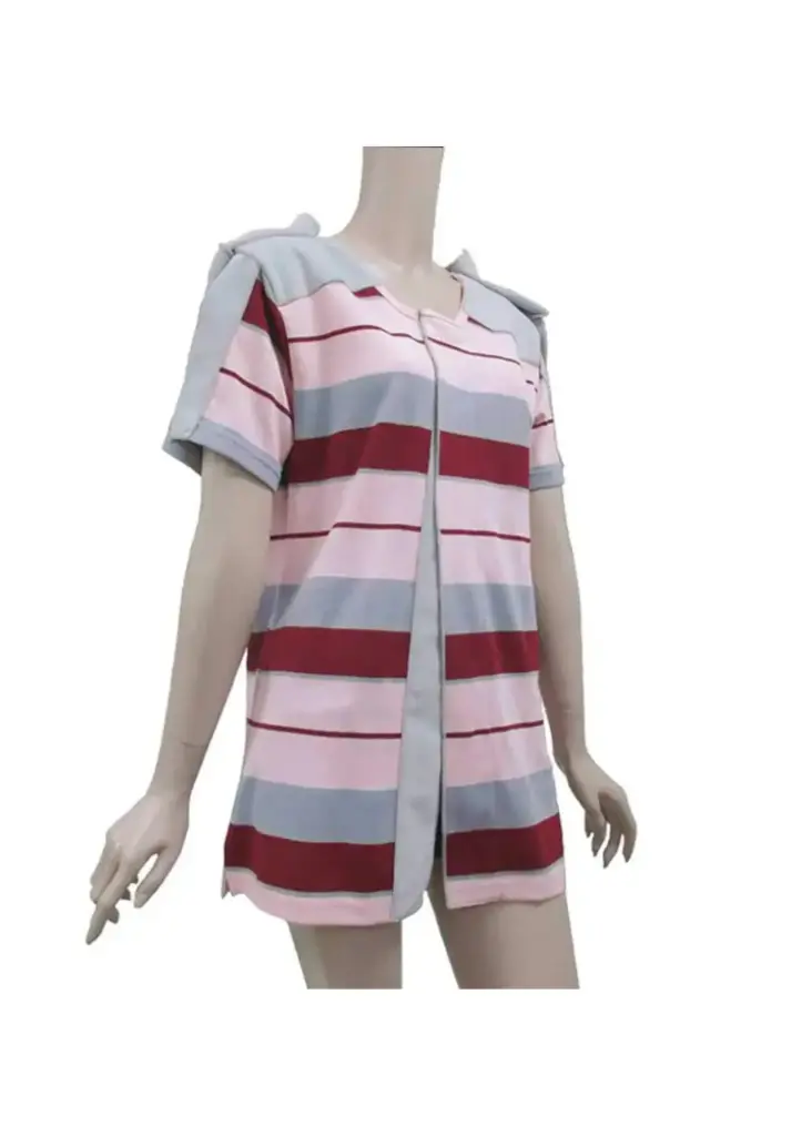 Dr.Paul Full-Open Short-Sleeve Top (Bamboo Charcoal / Pink Stripes)