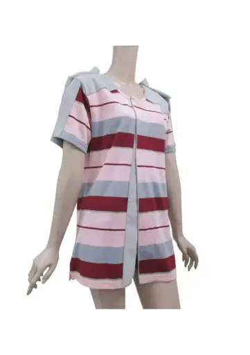 Dr.Paul Full-Open Short-Sleeve Top (Bamboo Charcoal / Pink Stripes)